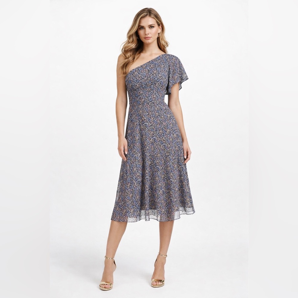 MICHAEL Michael Kors Dusty Rose blue Floral One Shoulder Midi Dress‎ P/S